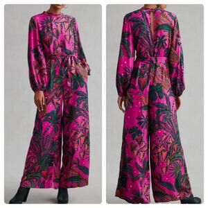 FARM Rio Vibrant Pink and Green Leaf Jumpsuit